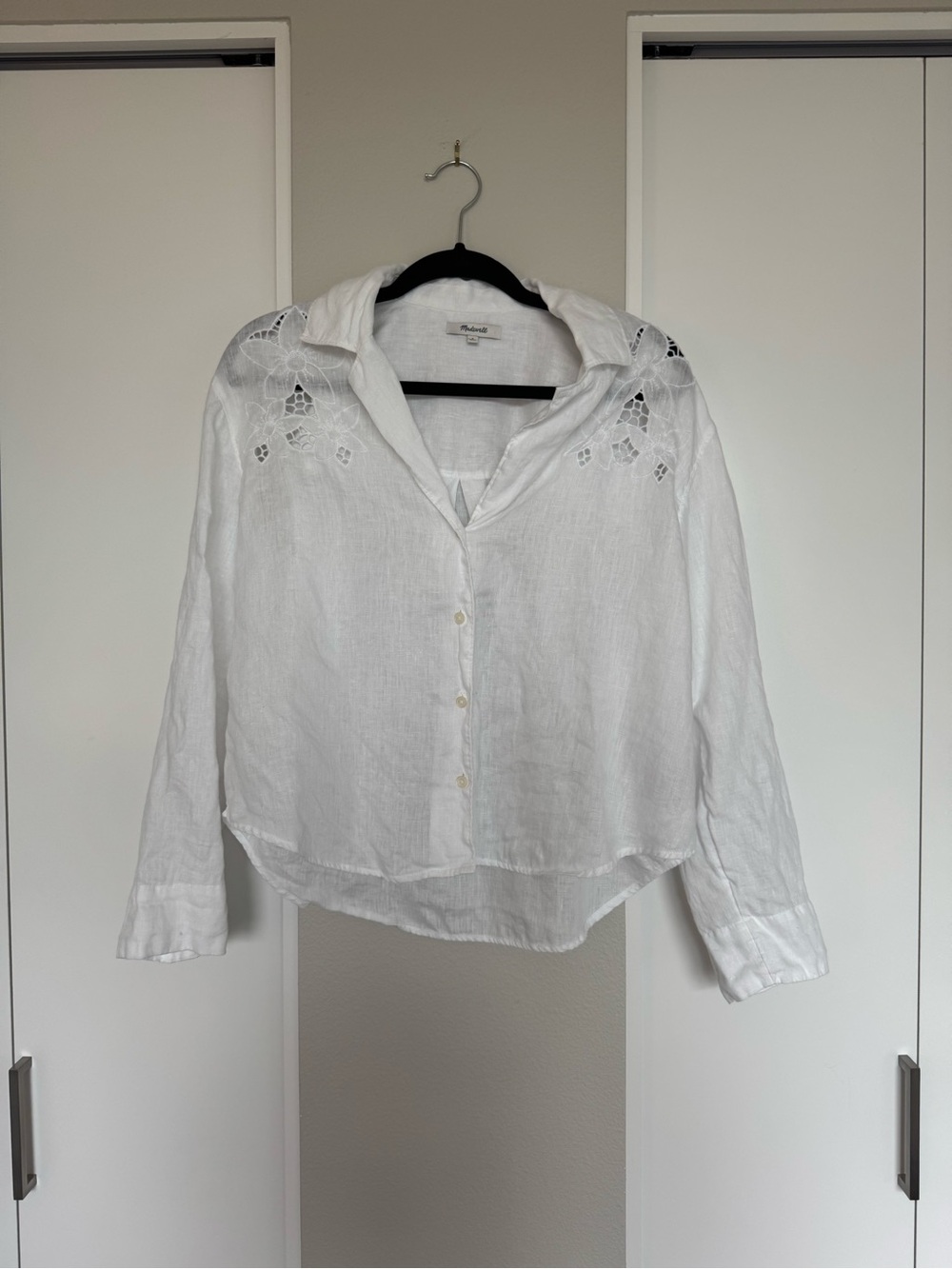 Madewell White 100% Linen Button-Down Top with Eyelet Details